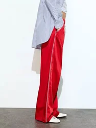 Women Fashion Trousers Hem Side Zipper Straight Pant Drawstring Elastic Waist Loose Wide Leg Pants Fashion Streetwear