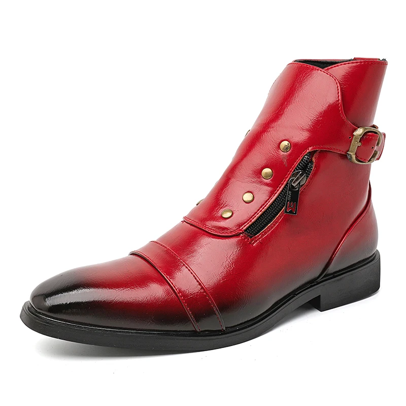 Men Pointed Toe Punk Rivet Buckle Ankle Boots Side Zipper Gradient PU Leather Low Heel Motorcycle Boots Party Casual Dress Shoes