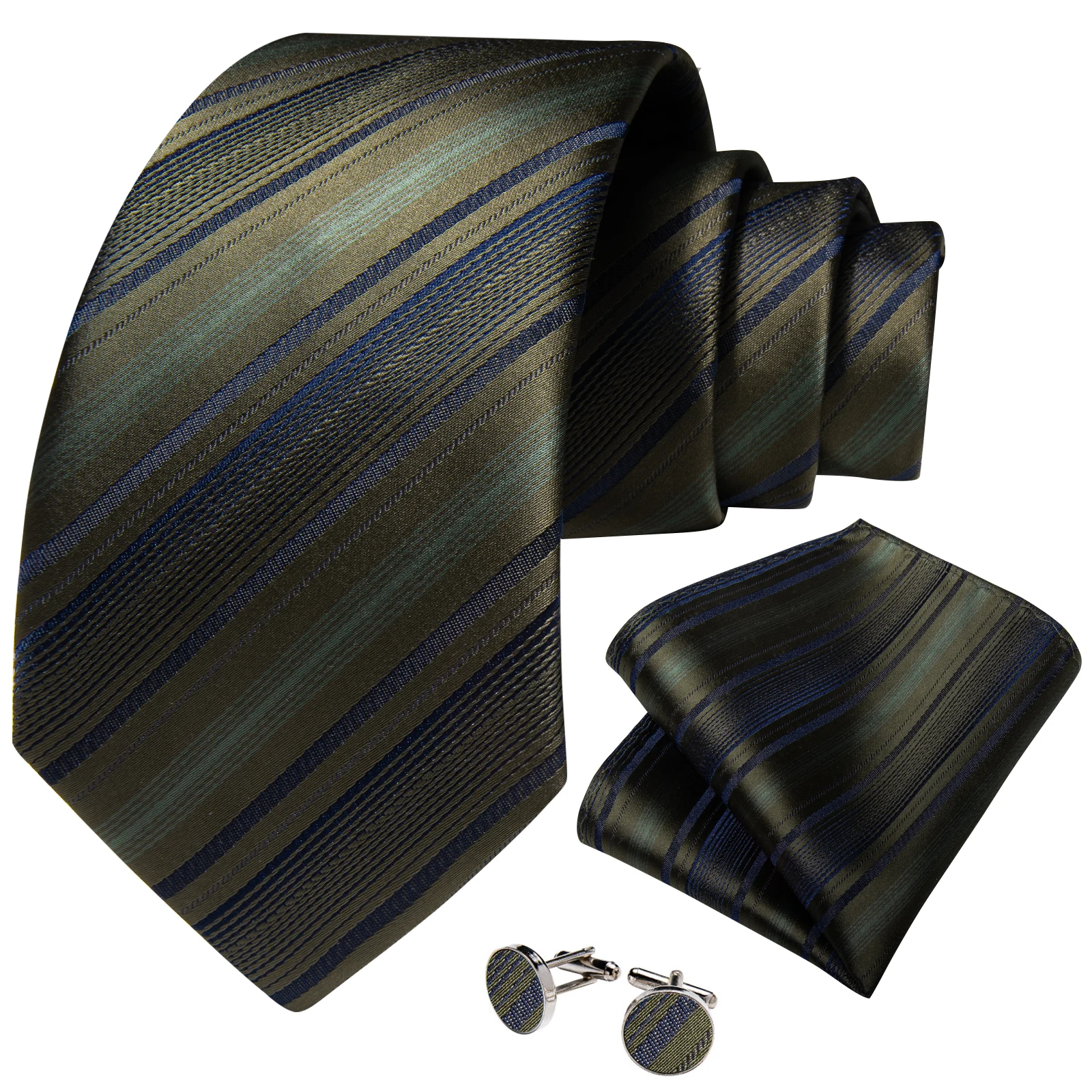 Corbatas de seda tejidas de Jacquard a rayas verdes para hombres, corbata Formal de negocios de 8cm, gemelos cuadrados de bolsillo, accesorios de