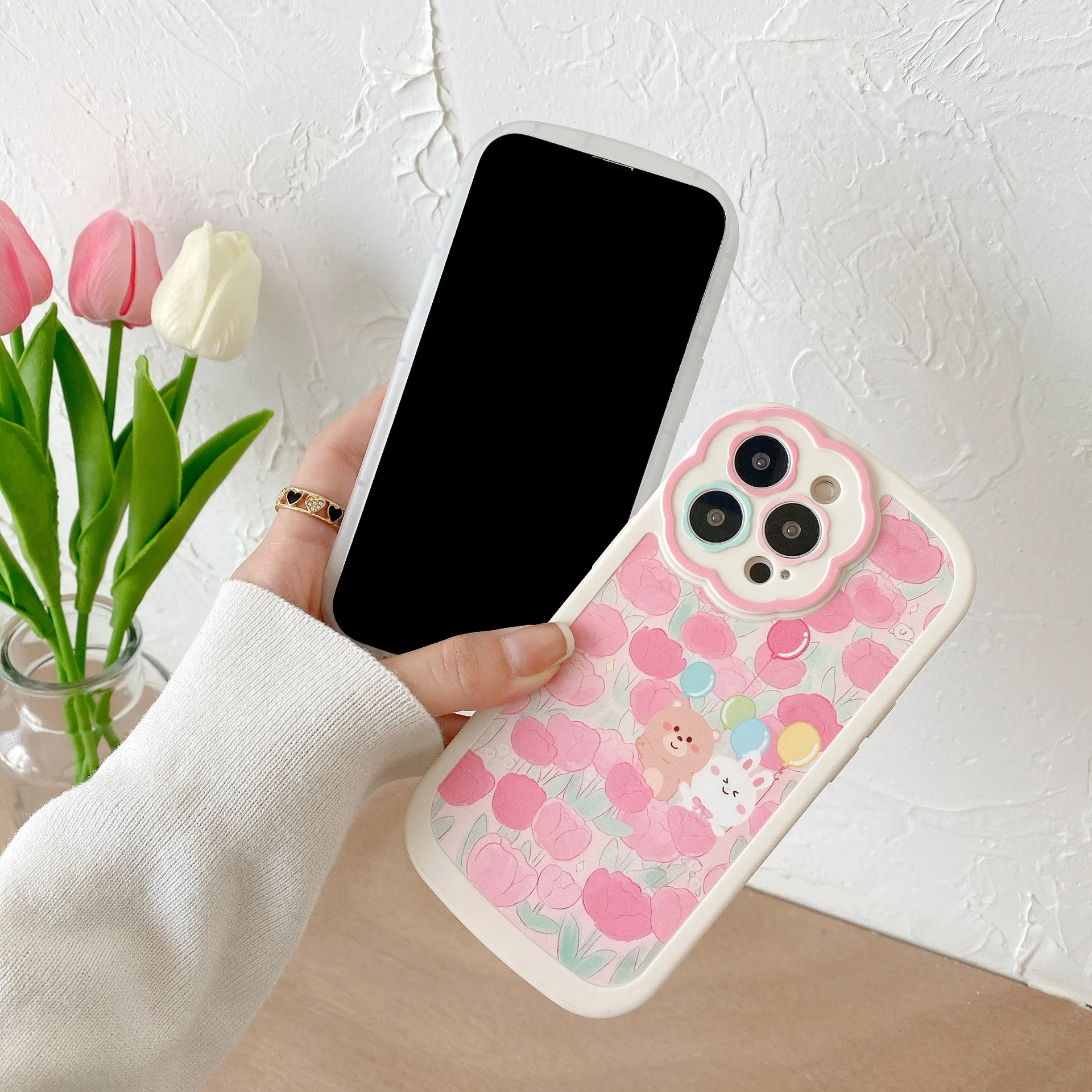 

50PCS Girl's Painted Flower Rabbit Bear Phone Case For iPhone 11/12/13/14/X/7/8, Creative Flower Camera All-inclusive Back Cover