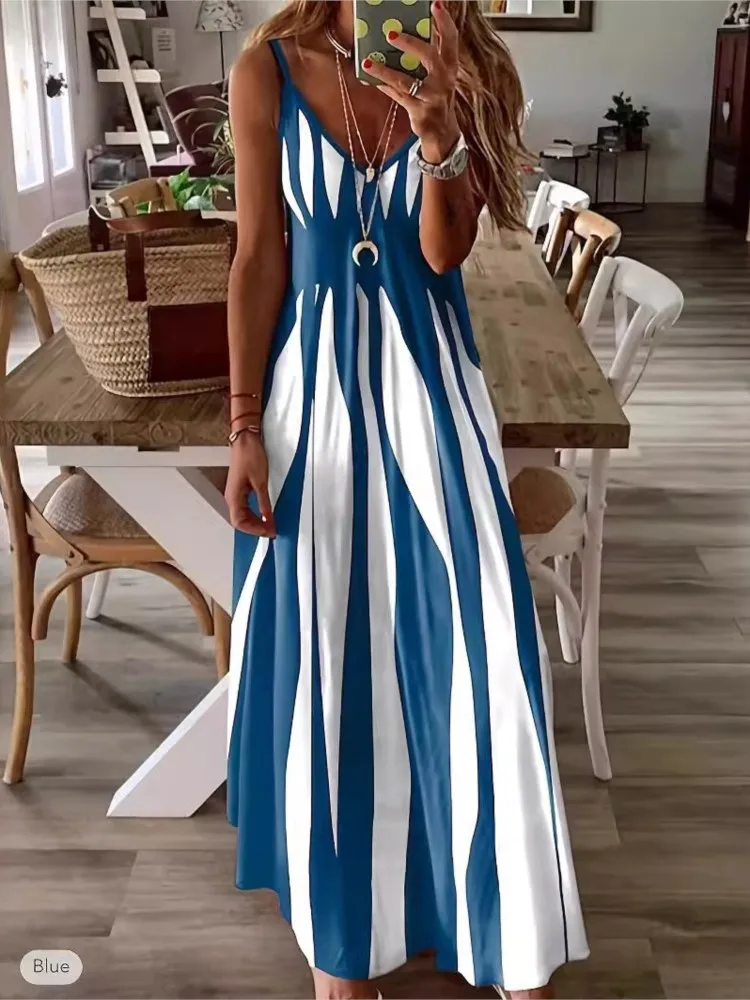 

Elegant Dress Retro Printed Dress Summer New Casual Suspender Fashionable Geometric Pattern V-neck Long Dress