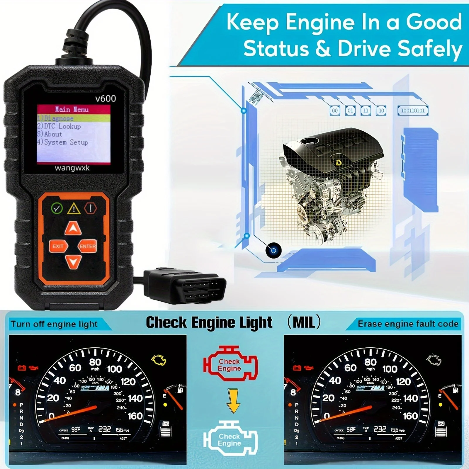 USB-Powered V600 OBDII Scanner - Engine Fault Code Reader & Data Stream Diagnostic Tool - Support, DTC Lookup & I/M Readiness