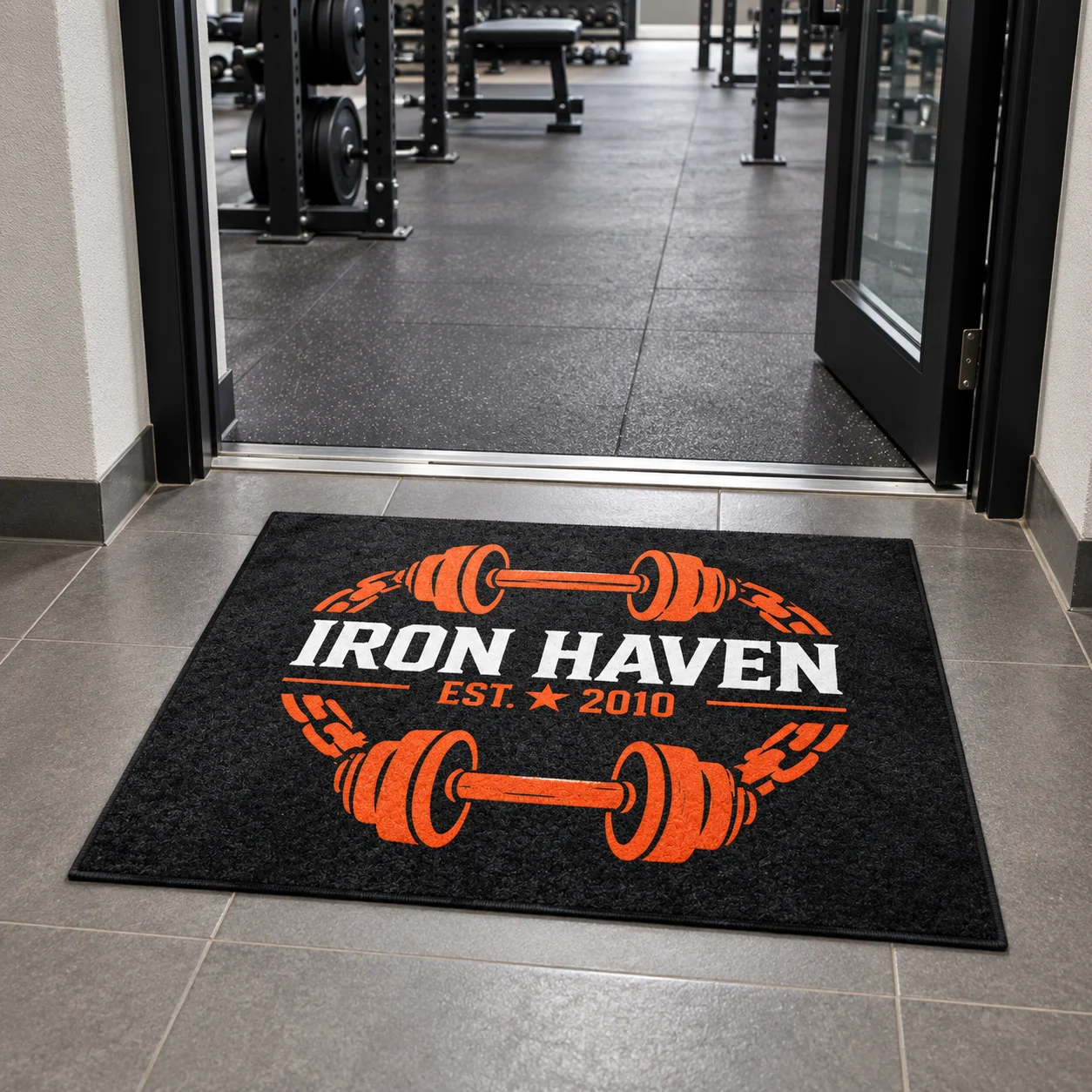 Door mat gym custom logo print durable non slip floor rug anti fatigue sports studio entrance mat for long workout standing