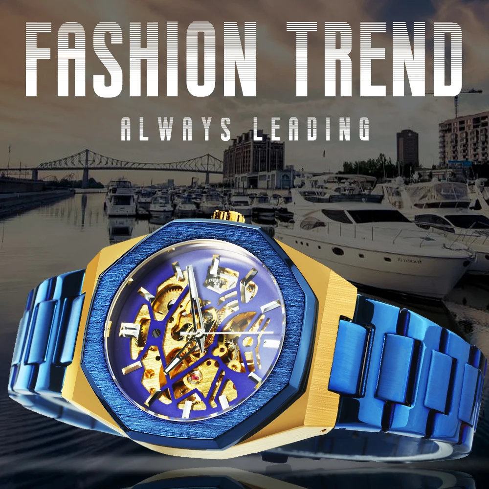 WINNER Business Mechanical Watch for Men Blue Skeleton Automatic Mens Watches Top Brand Luxury Stainless Steel Strap Wristwatch