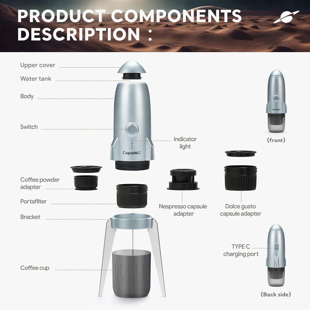 Portable Electric Espresso Machine Travel Coffee Maker for Camping 3 in 1 Self-Heating for Ground Coffee & DG NS Capsule Pods