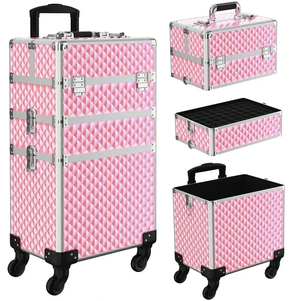 Makeup Train Case 3 In1 Cosmetic Trolley Organizer Travel Case Lockable Salon Barber Case Traveling Cart Trunk With Detachable R