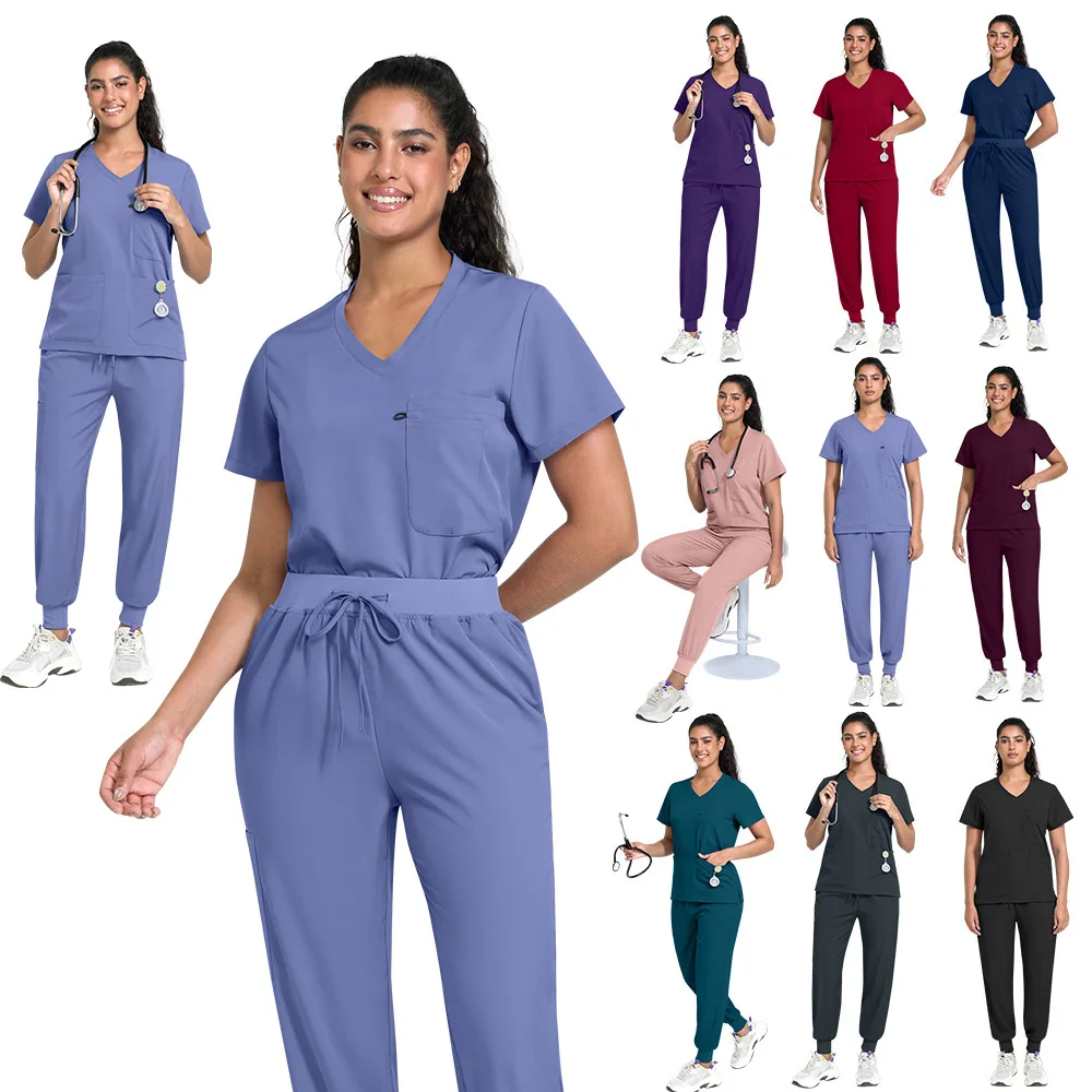 V Neck Scrub Short Sleeve Medical Uniforms Drawstring Jogger Pants Multi Pockets Stretch Nursing Suit Clinic Hospital Workwear