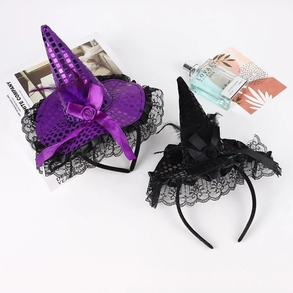 Fashion Cartoon Witch Hat Cloth Party Decorations Hair Hoop Lace Sequins Headband Halloween
