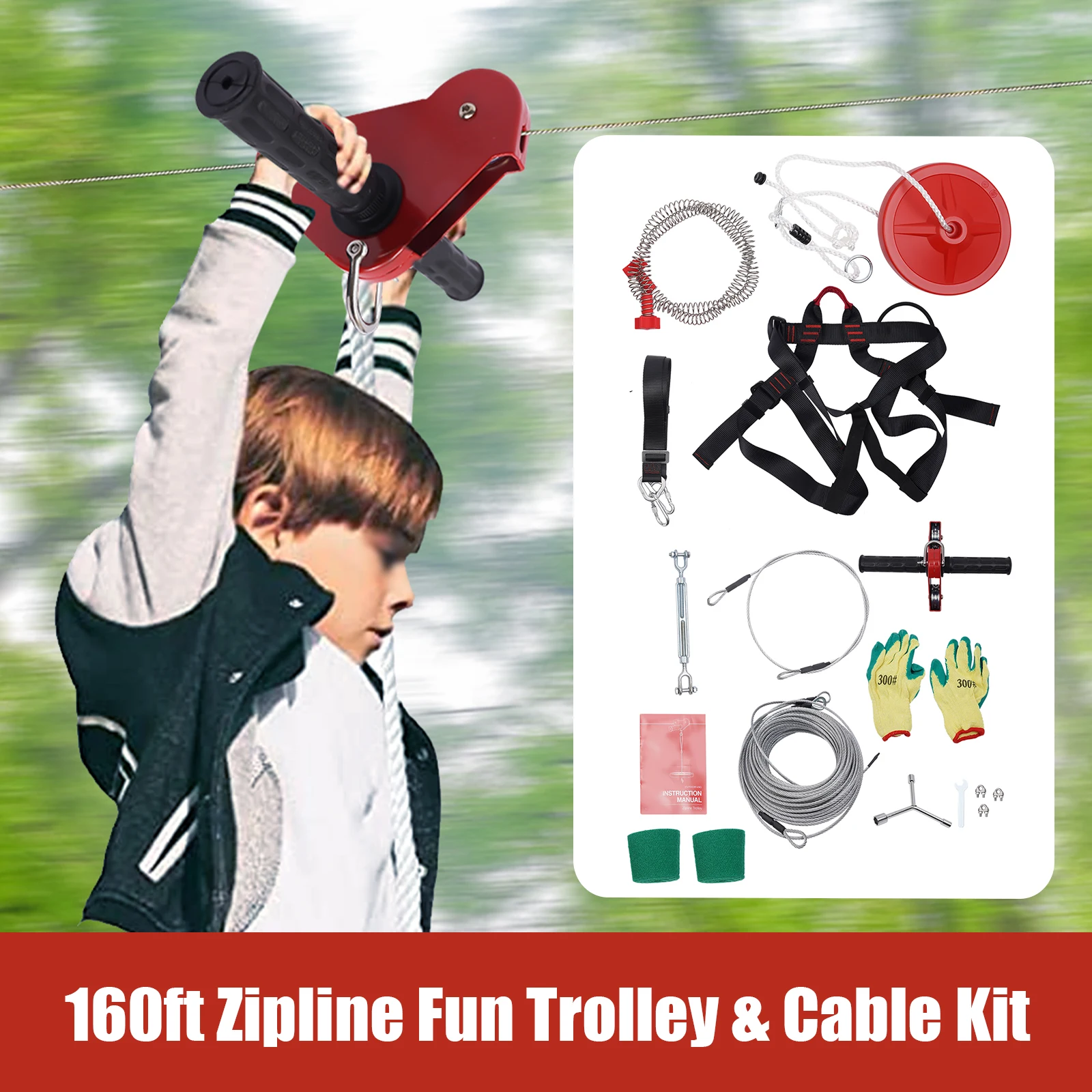 طقم Zip Line بطول 48 مترًا، طقم Zipline خارجي مع مقعد + حزام آمن