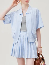 FSLE Women Stripe Blouse Sets Polo Neck Zipper Placket Blue White Stripe Summer Coats Cotton Mini Skirts 24FS18060+24FS18061