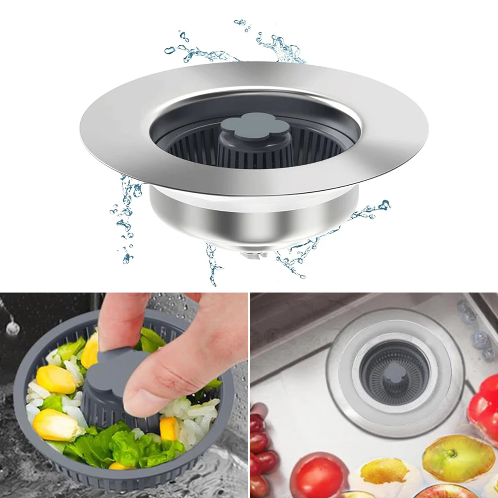 3in1 Kitchen Sink Drain Strainer SUS304 Stainless Steel Pop-up Kitchen Drain Stopper with Strainer Basket for 3-1/2 Inch Drain