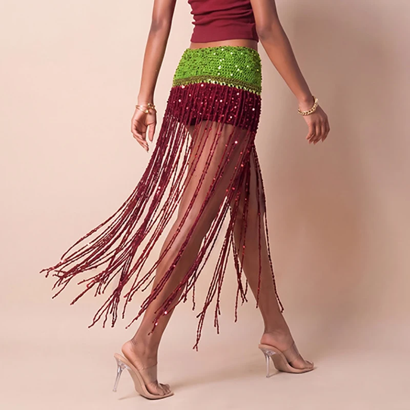 New 2026 Color Blocked High Waisted Knitted Half Skirt Tassel Splicing Wrap Hip Short Skirt Fashion Flower Crochet Beach Skirt