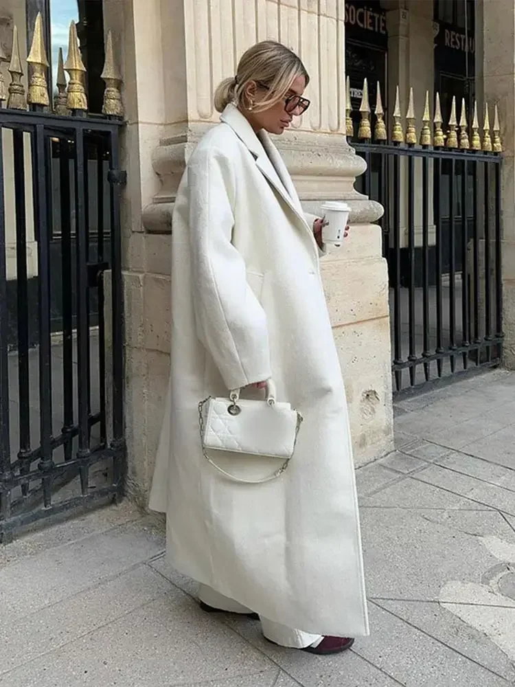 Herfst Nieuwe Witte Revers Lange Mouw Wollen Jas Vrouwen Mode Één Knoop Oversized Lange Overjas 2024 Casual Dame Hoge Streetwear