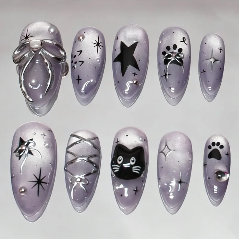 24PCS Sweet Cool Purple Almond Press on Nails Cute Cartoon Cat Bow with Black Star Fake Nails for Daily Simple Designs Wearable