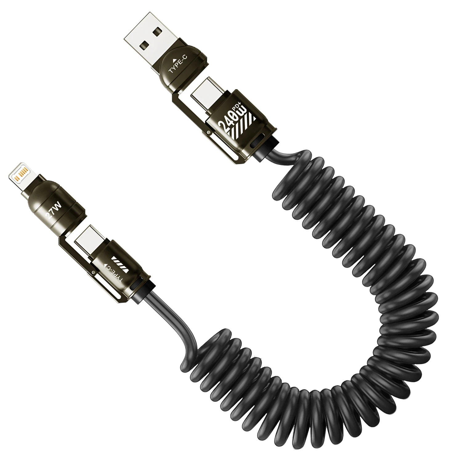 240W snel opladen 4-in-1 lente autodatakabel compatibel met CarPlay voor iPhone Samsung Huawei iPad USB C opladersnoer