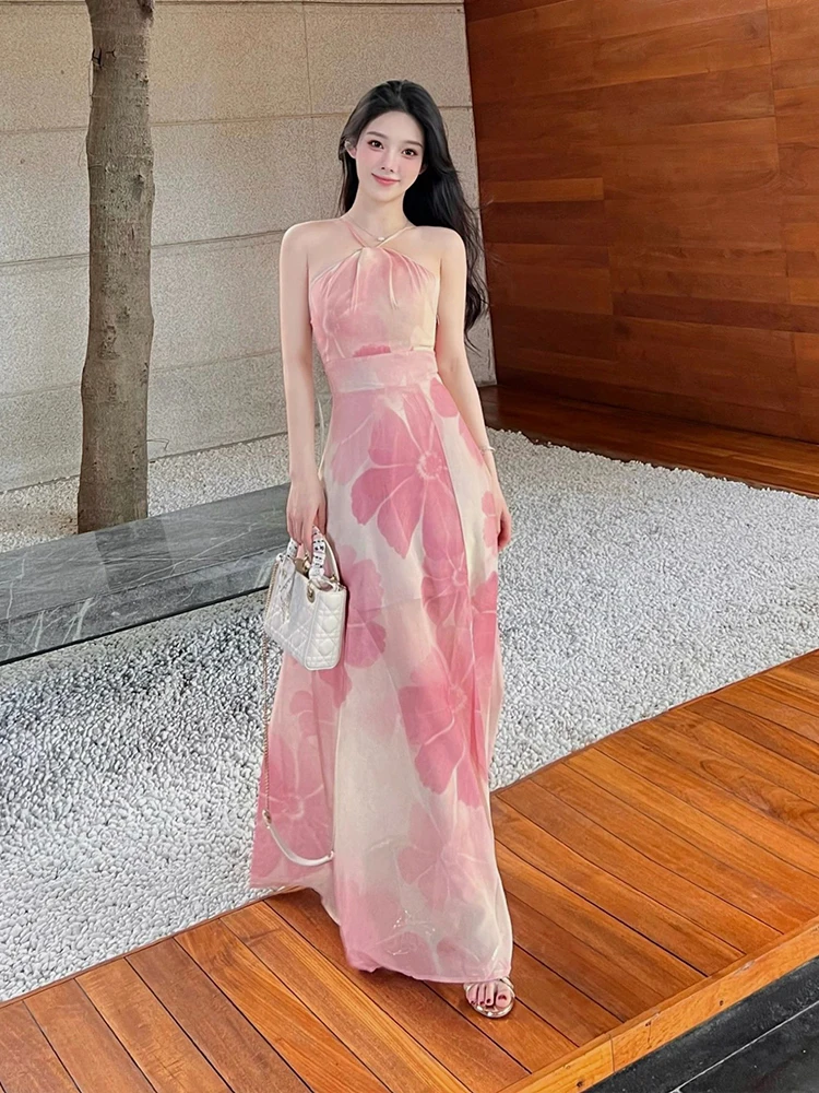 Summer New Floral Print ter Ne Long Dr Beach Vaion Fairy Sle Women's Dr A-Line Skirt Svel Gown