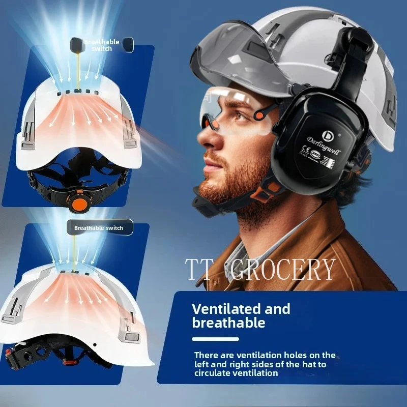 

CE Safety Cap Adjustable Vent Slot Visor Built in Goggles Earmuffs ABS Safety Helmet ANSI Construction Engineer Work Hat New