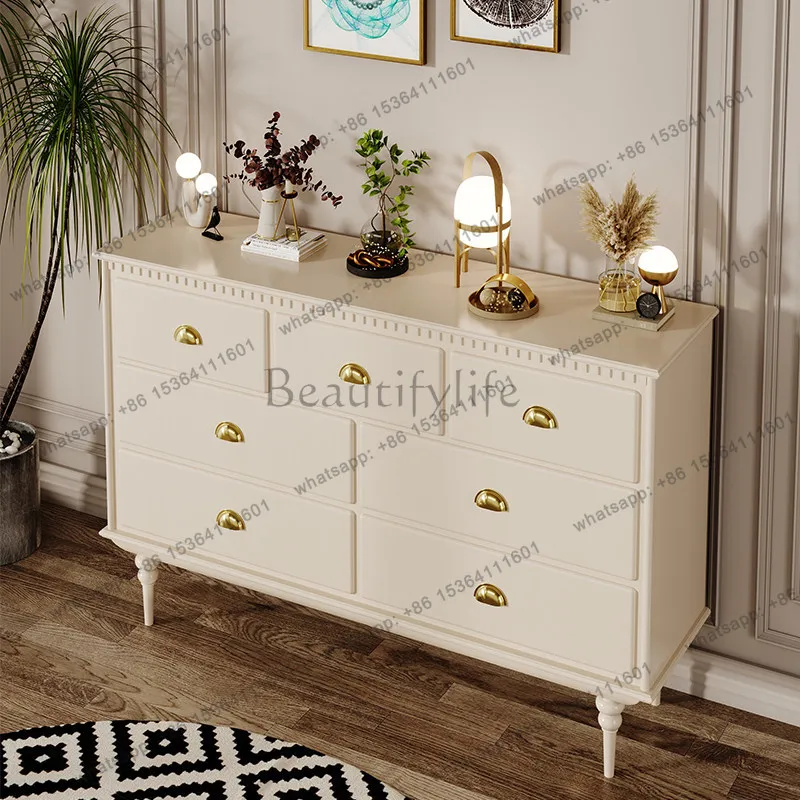 French Cream Wind Seven Bucket Cabinet Bedroom Simple Modern Light Luxury Bed End Solid Wood Storage Storage Cabinet