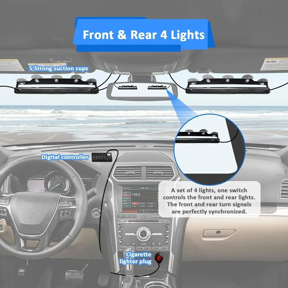 4 قطع 16-LED 2x14 بوصة شريط إضاءة ستروب أبيض وكهرماني مع وحدة تحكم ومجموعة أسلاك وأكواب شفط للشاحنات وسيارات الدفع الرباعي و