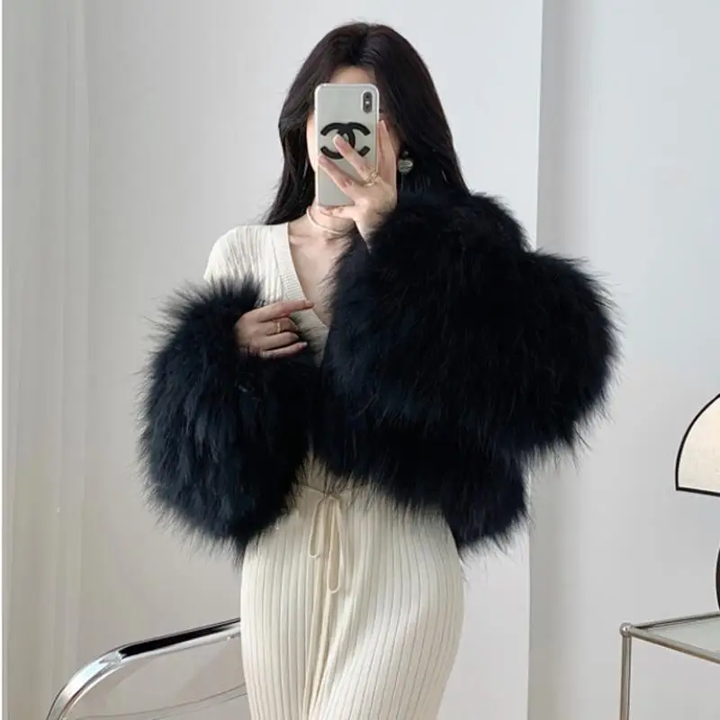 Large Collar Fur Coat for Women, White Short Jacket, High Waisted, Thick Clothing, New