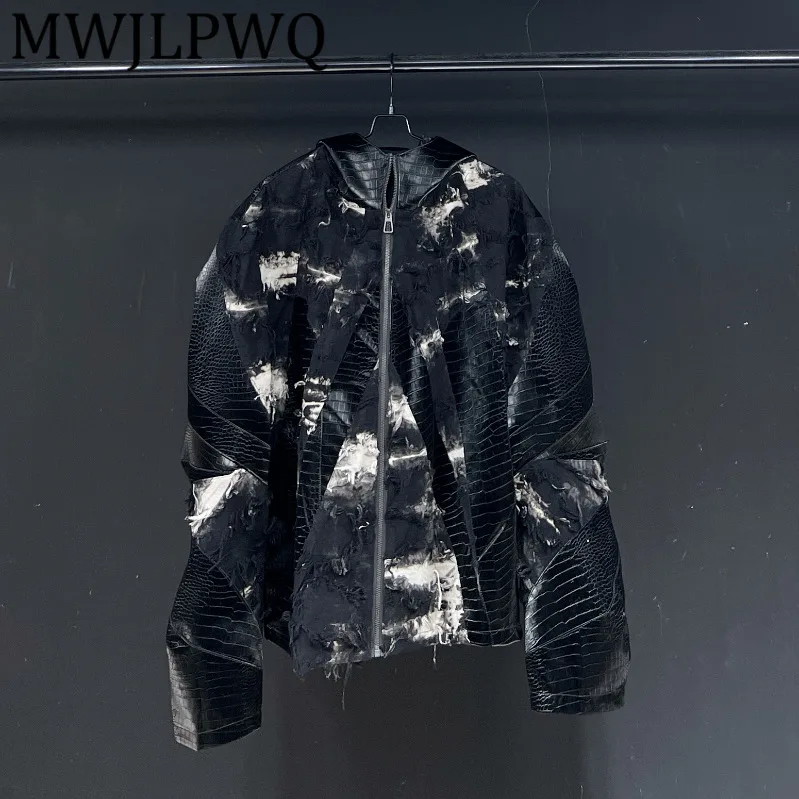 

MWJLPWQ узор дизайн лоскутная кожаная куртка с капюшоном текстура High Street черная одежда свободный повседневный топ 23 осень новинка 12141