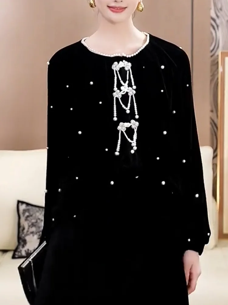 

Элегантный топ больших размеров с длинным рукавом и круглым вырезом, роскошный, расшитый, универсальный, осенняя новинка