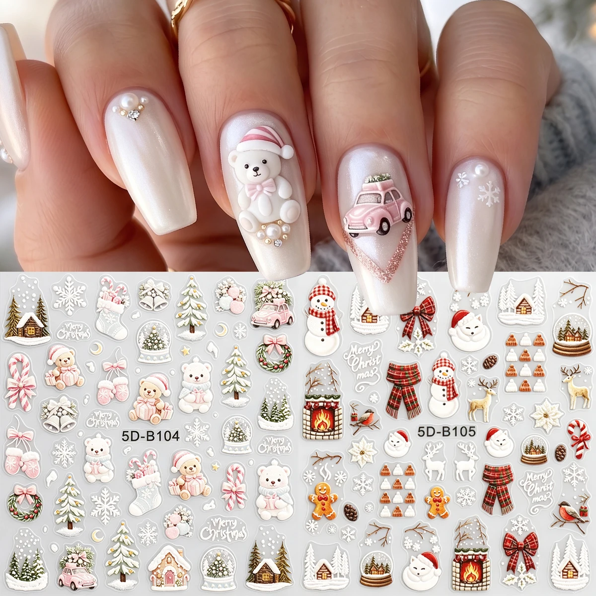 2 Sheets Christmas 5D Nail Art Stickers Relief Cartoon Bear Plaid Scarf Winter Snowflake Nail Decals DIY Holiday Nail Decoration