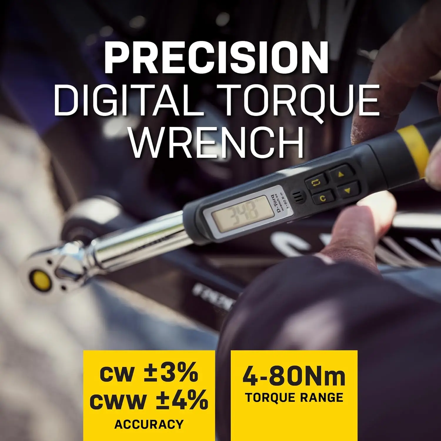 مفتاح عزم الدوران الرقمي 4-80 نانومتر مع شاشة LCD، تنبيهات مسموعة، 8 مقابس و10 بت للدراجات النارية والسيارات