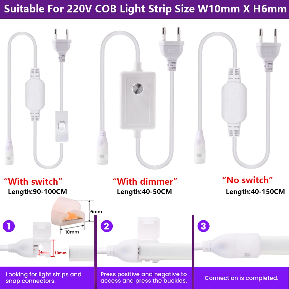10MM Width Dimmable Switch 220V 230V COB LED Strip Light With Dimmer ON/OFF EU US UK Power Plug Home Bedroom Kitchen Decoration