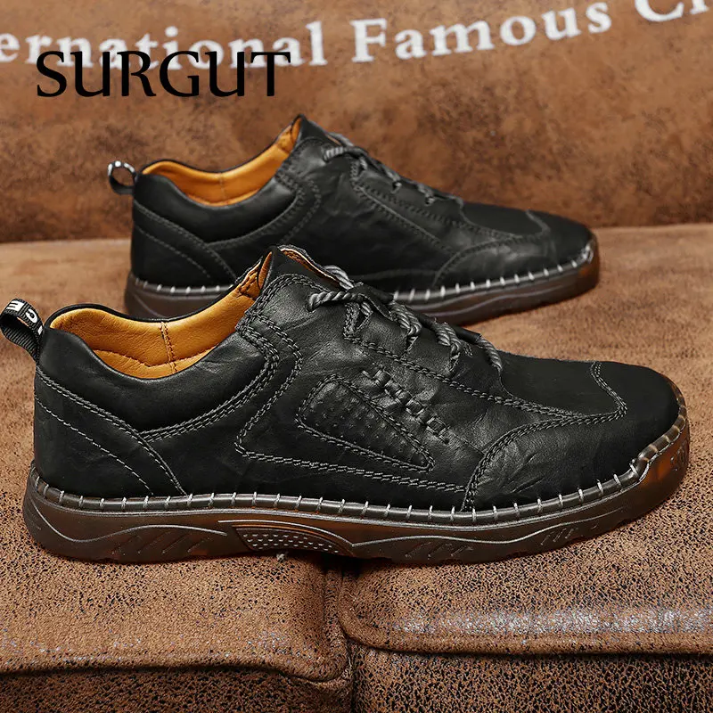 SURGUT Handmade Genuine Leather Casual Shoes Lace Up Outdoor Wear-resistant Men Shoes Trend Business Walking Shoes Soft Sneakers