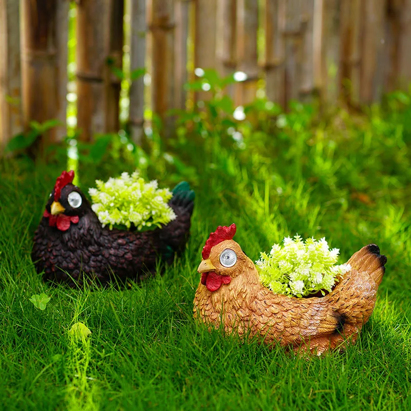 Resin Hen Flower Pot Figurines Planter Garden Solar Light Landscape Fairy Statues Path Lawn Outdoor Courtyard Decor