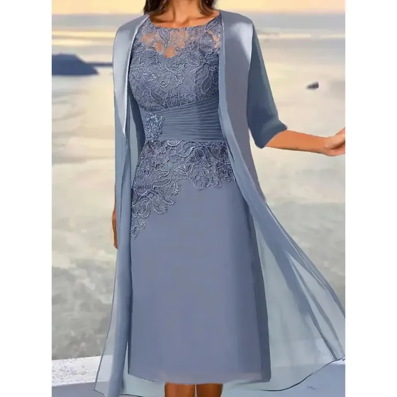 

Mother of the Bride Dresses For Weddings Midi Dusty Blue Knee-Length Floral Lace Appliques Layered Ruched فستان