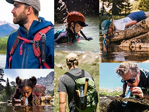 Six different use case scenarios featuring people hiking, caving, fishing, camping