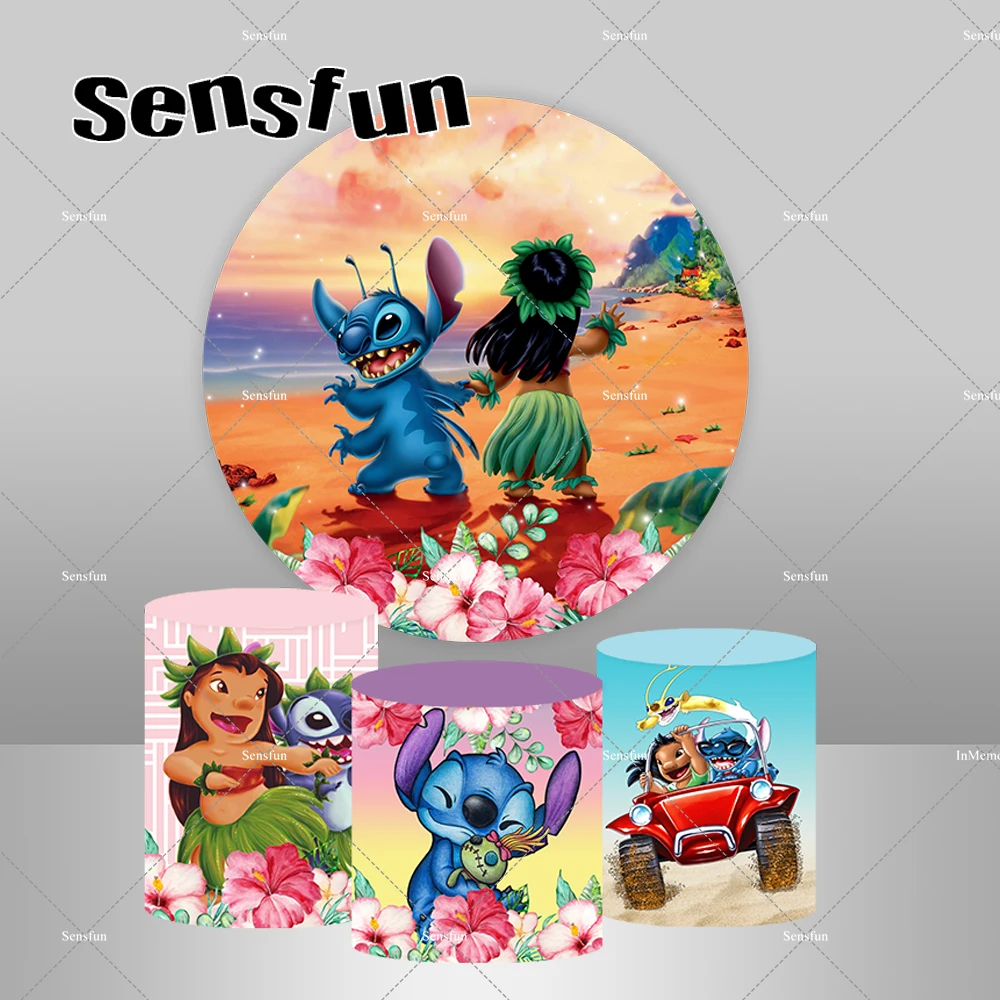 ธีม Lilo & Stitch ฉากหลังทรงกลมครอบคลุมการ์ตูนฮาวายฮูลาเต้นรำวันเกิดสำหรับเด็กพื้นหลังสี่เหลี่ยมผืนผ้าผู้จัดจำหน่าย
