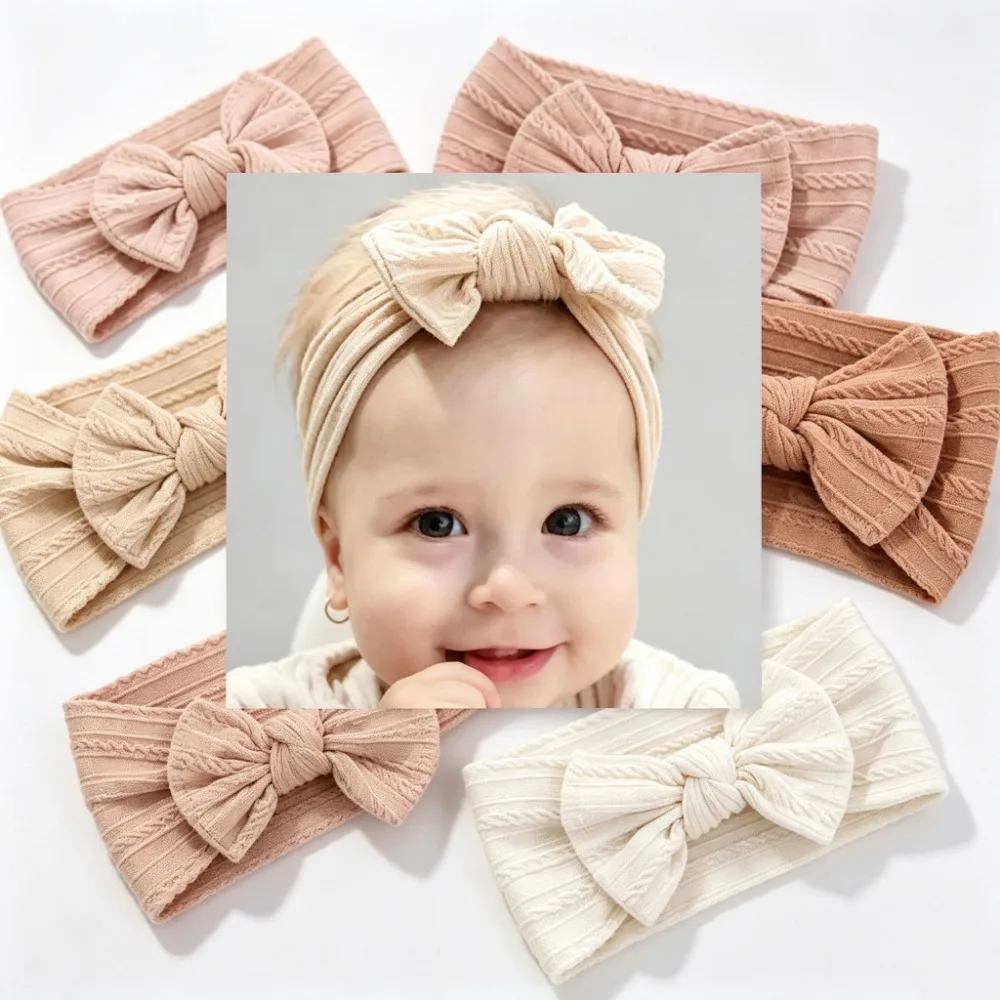 3Pcs Soft Nylon Bow Baby Headbands, Solid Color Elastic Turban Headwraps for Newborn Infant Girls Hair Accessories