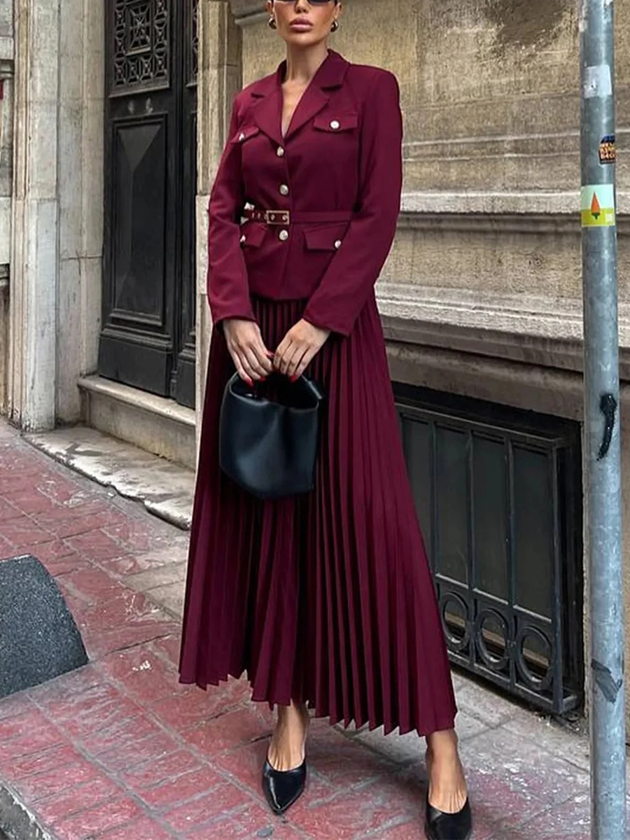 CHICEVER Solid Luxury Outfit for Women Lapel Long Sleeve Patchwork Metal Belt High Waist Pleated Maxi Skirt Office Suit Female