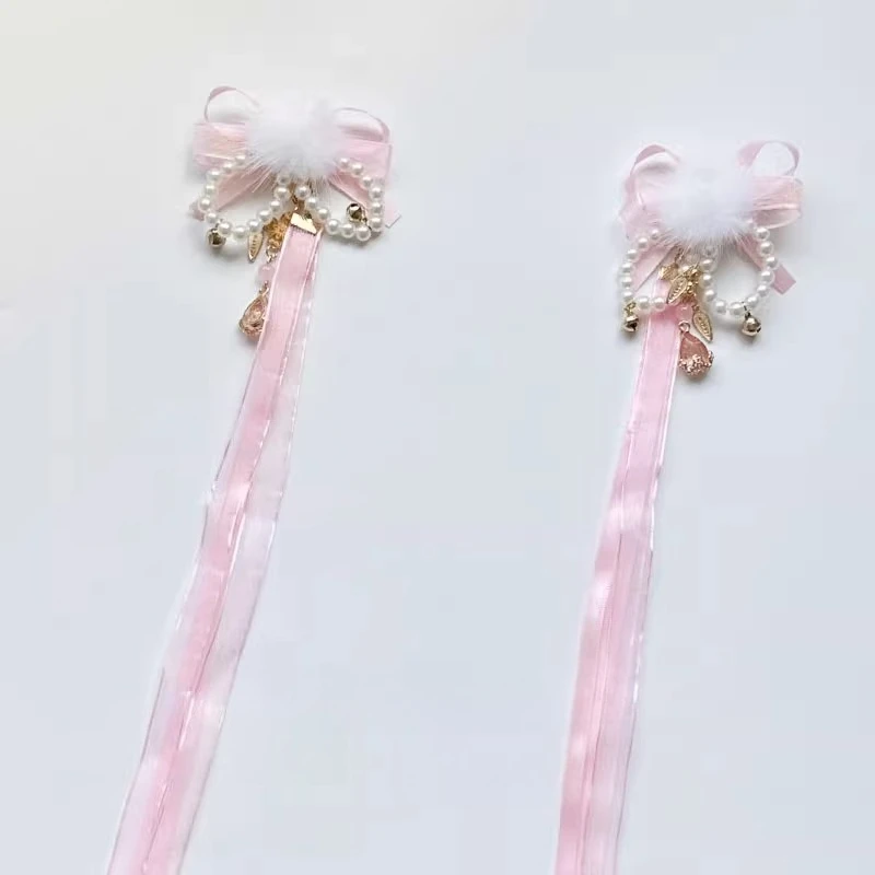 

Mink Fur Ball Clip Chinese Style Silk Ribbon Tassel Ancient Style Hanfu New Year Headwear Children's Clothing Accessories