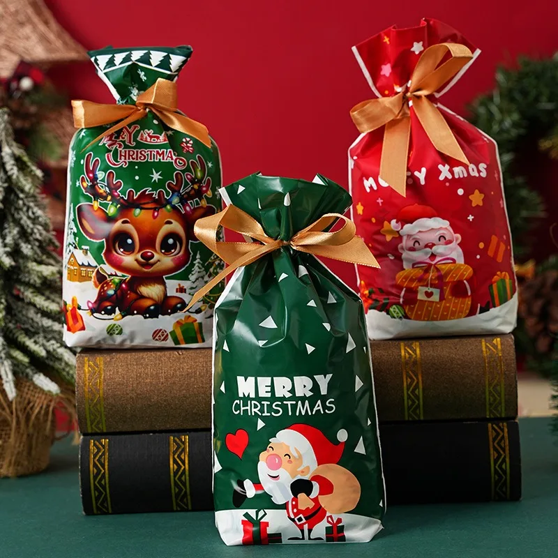 Christmas Candy Bags, Small Gift Bags Cartoon Drawstring Pouch for Christmas Eve Apple Party Favor 23*34 100PCS