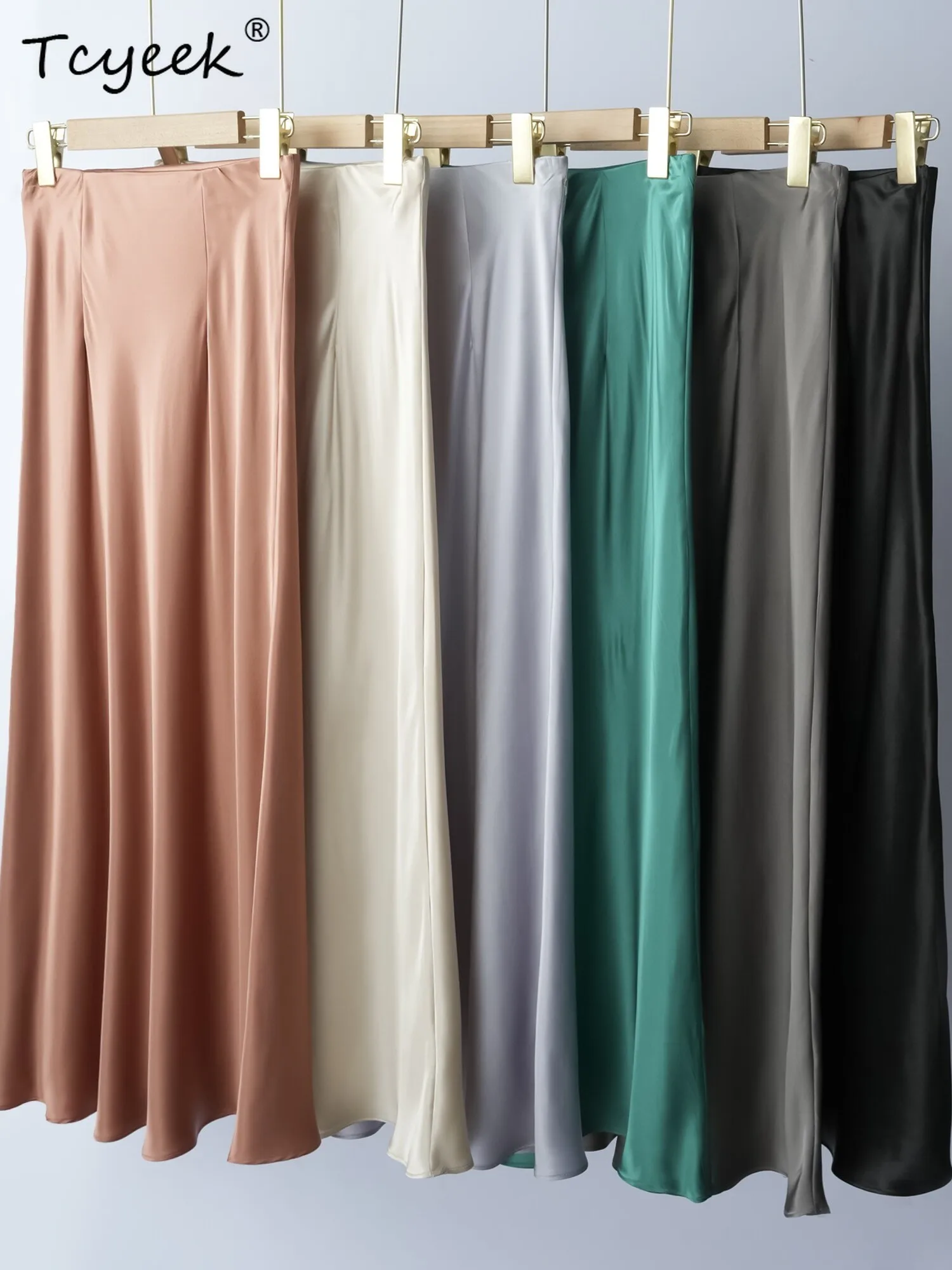 Tcyeek 100% マルベリーシルク 春夏 ハイウエスト Aライン サテン 無地 フィッシュテール ロング レディース スカート