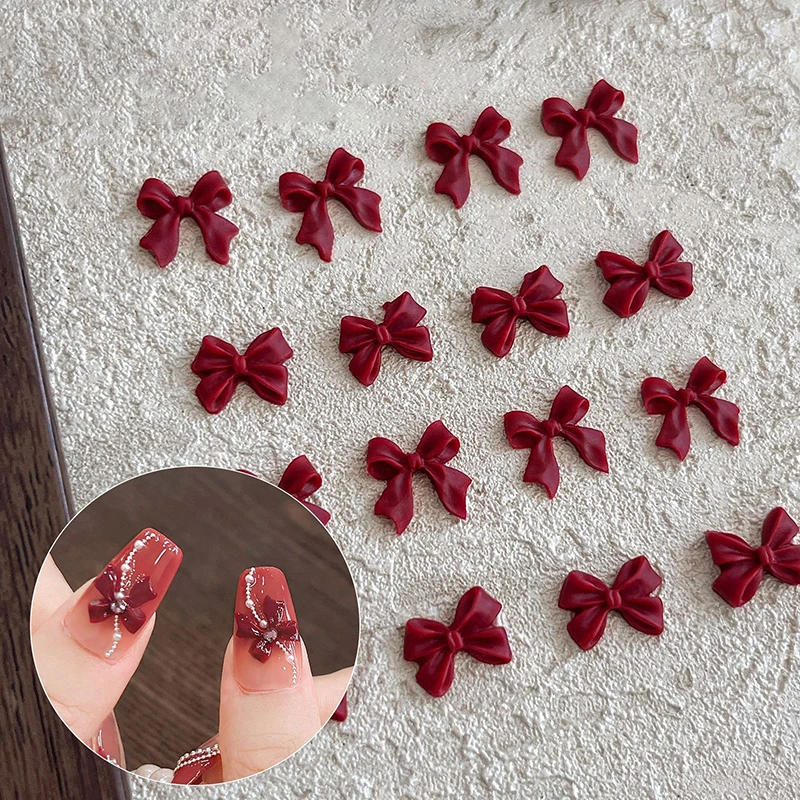 50Pcs Wine Red Resin Bow Nail Charm Bulk Mix Size 3D Ribbon Bowkont Mini Kawaii Nail Art Accessories DIY Cute Nails Decorations