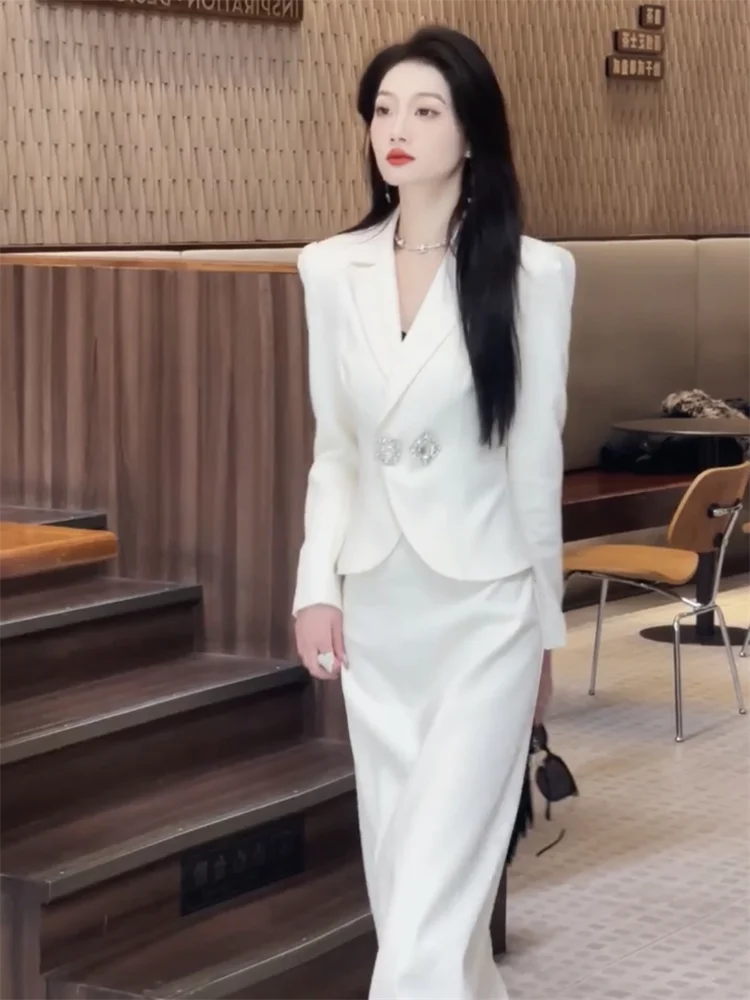 

Autumn New Women's Formal Outfits Solid Color Jacket + High Waist Skirt 2-Piece Set Fashion Celebrity Party Suit