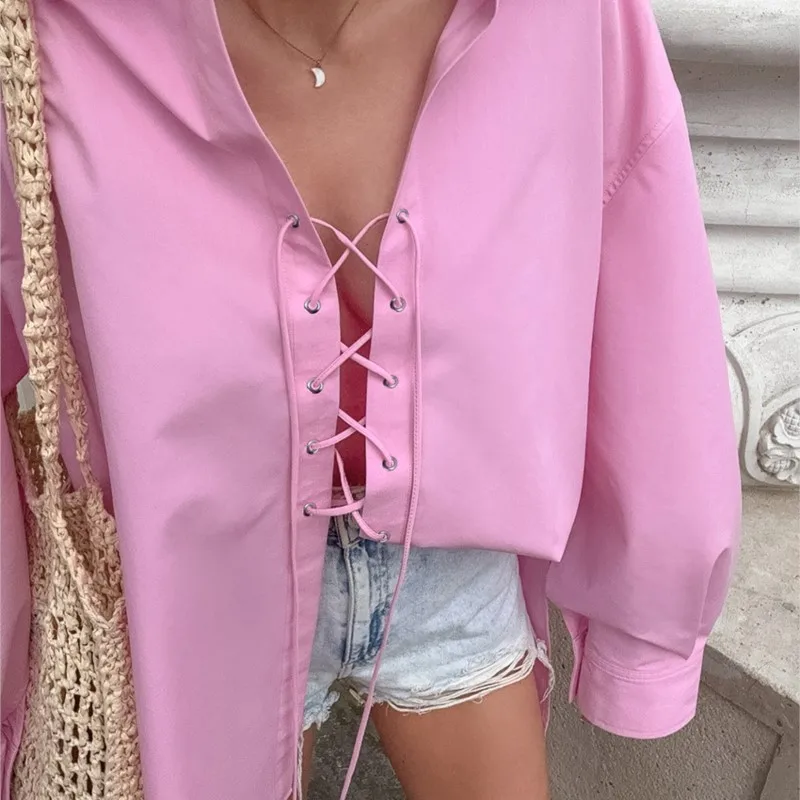 

Lace Up Sexy Slit Women's Shirt Solid Color Loose Commuting Fashion Spring Autumn Cardigan Long Sleeved Top blusas de mujer