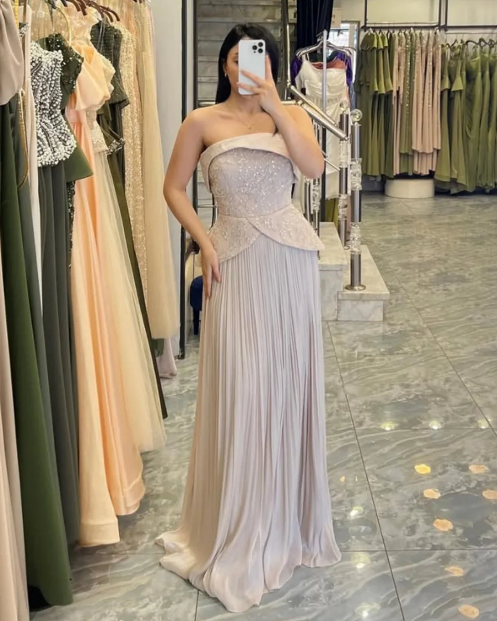 맞춤형 모던 스타일 패션 스팽글 비딩 스트레이트 스트랩리스 롱 드레스 맞춤형 행사 드레스 사이즈 선택 가능 포멀