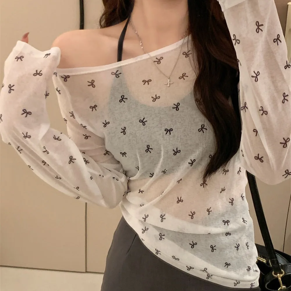 Sweet Bow Print Off Shoulder Blouse Mesh Slim Fit Sheer Shirt Sun Protection Long Sleeve Y2K Beach Tops