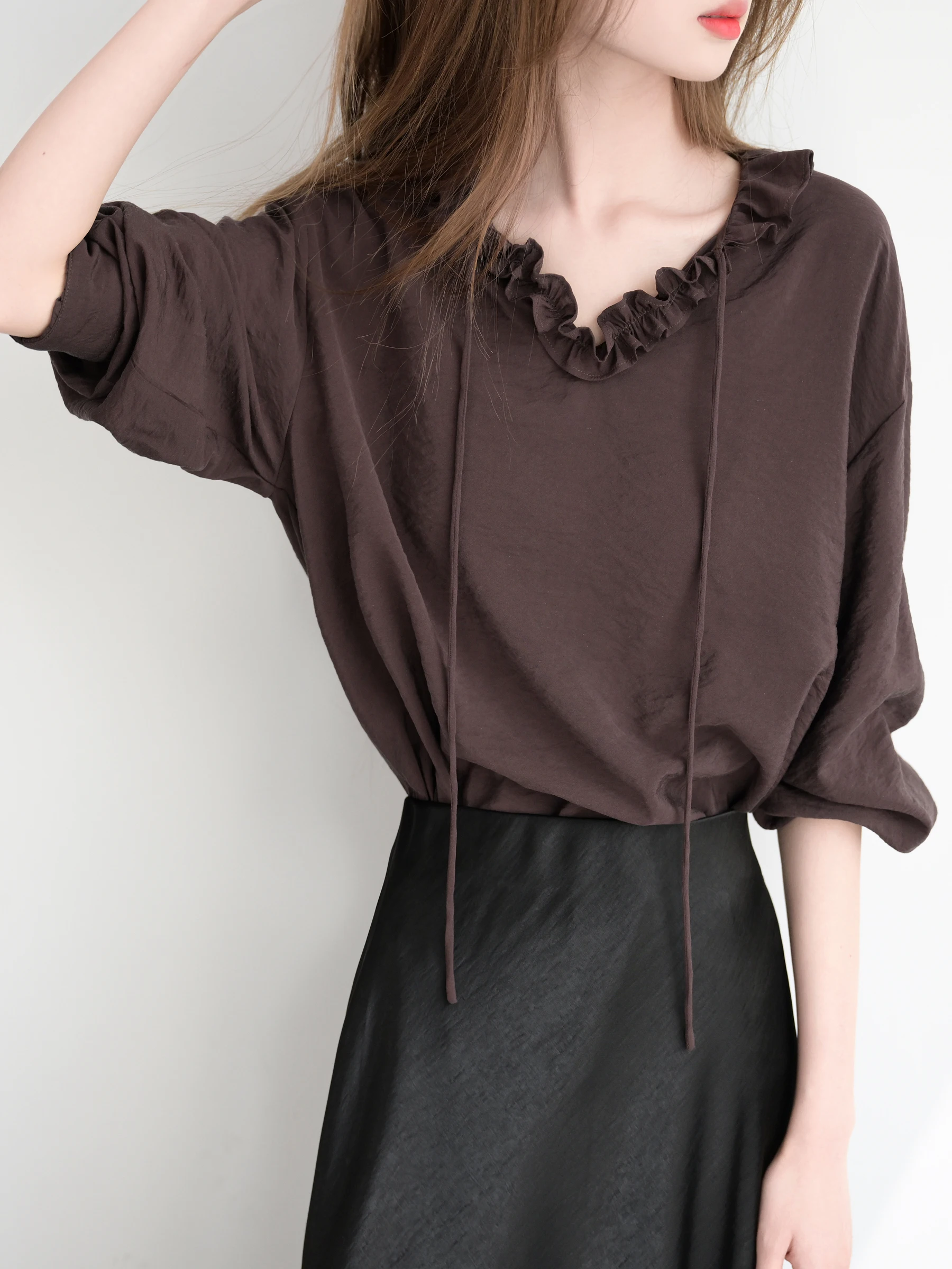 

TRR Silken Blouse with Lace Collar Long Sleeve Women's Loose Fit Shirt Elegant Style Silk Chiffon Blend No Iron Needed