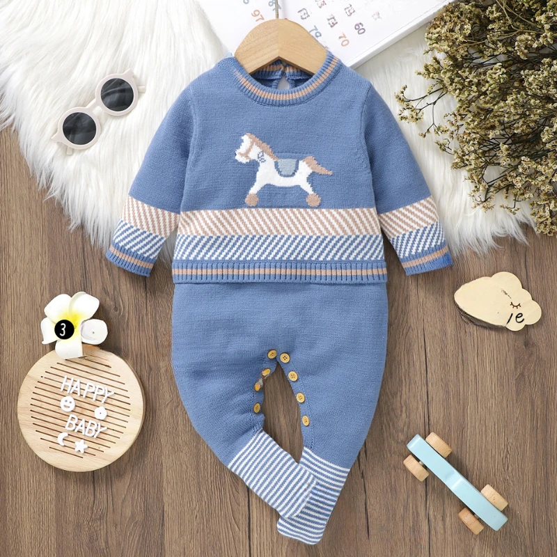 Newborn Boys Sweaters Jumpsuits Clothes 0-9m Spring Autumn Winter Infant Toddler Kids Overalls Baby Rompers Long Sleeves Knitted