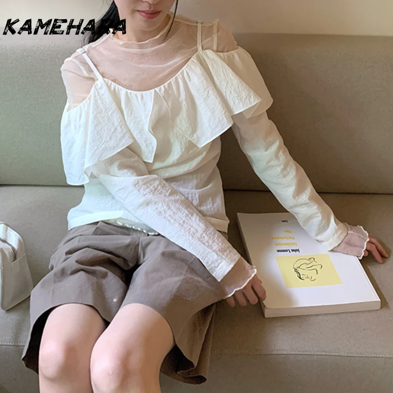 

KAMEHARA Темпераментный бюст на одно плечо Свежая рубашка с лямкой на шее с длинными рукавами Harajuku Wind Ретро Свободные однотонные универсальные футболки