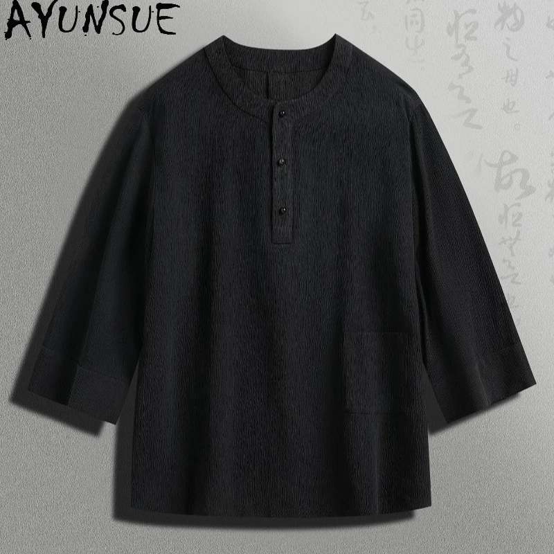 AYUNSUE 100%Real Mulberry Silk T Shirts for Man High Quality Summer Top Three-quarter Sleeves Retro O-neck Casual Pullover Shirt