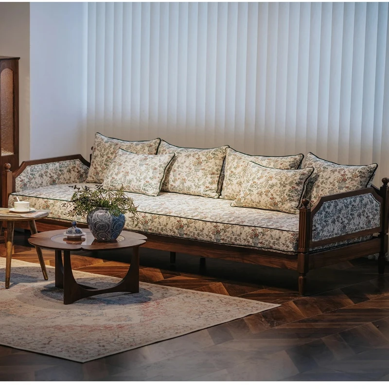 

Flower and bird solid wood sofa retro three-person fabric black walnut, small apartment Nordic living room furniture