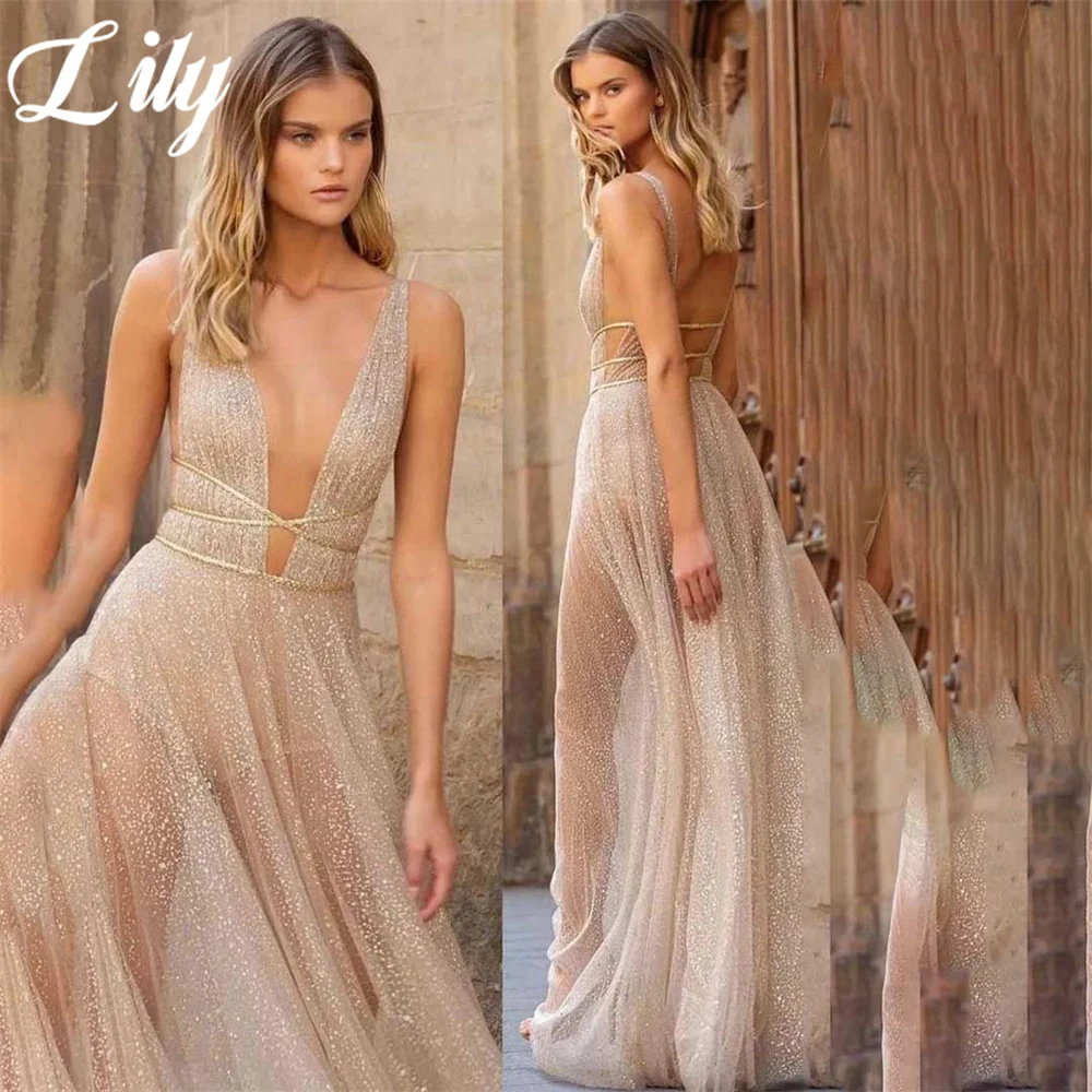 

Lily Simple Champagne A Line Formal Dresses Tank Party Dress Sequins Pleats Sleeveless Special Occasion Dress robe de soirée